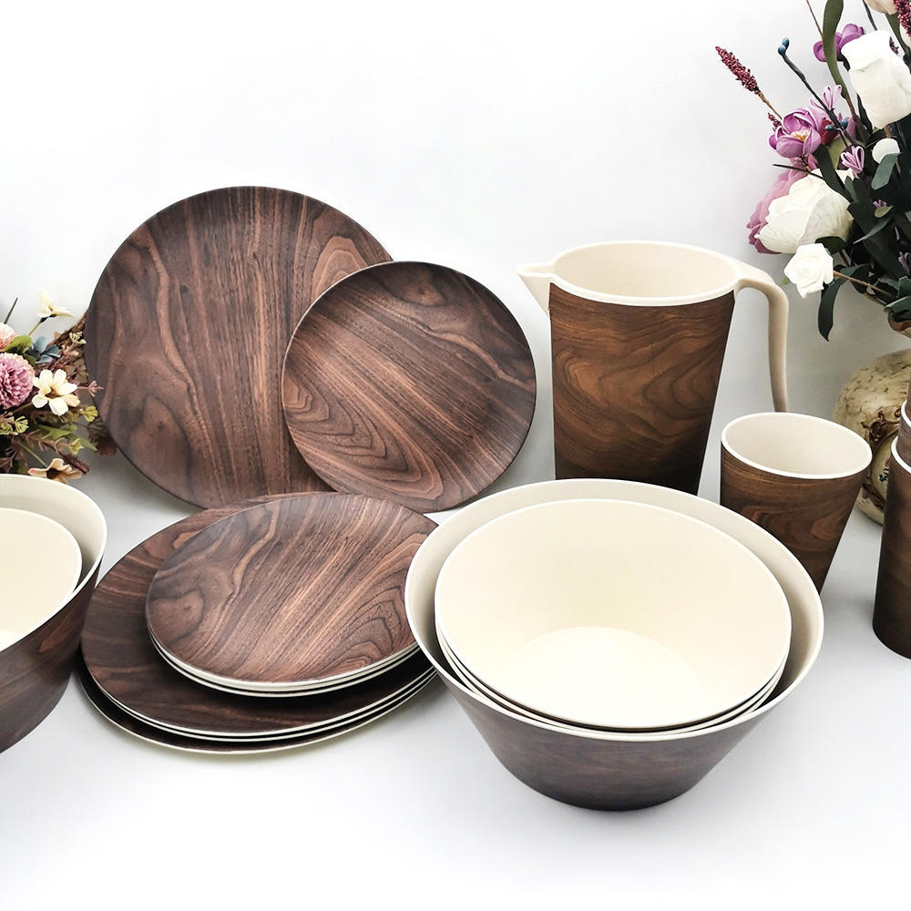 Imitation porcelain melamine tableware wooden grain tableware set environmental protection degradable bamboo fiber home outdoor commercial high-grade tableware combination
