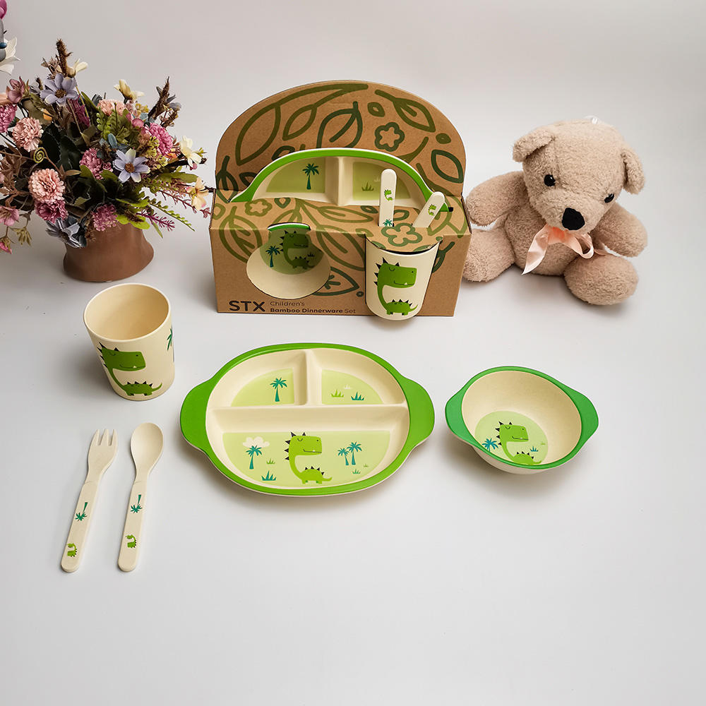 Three boxes two ears plate baby cutlery cartoon bowl anti fall bamboo fiber children's cutlery bowl plate cup spork five sets