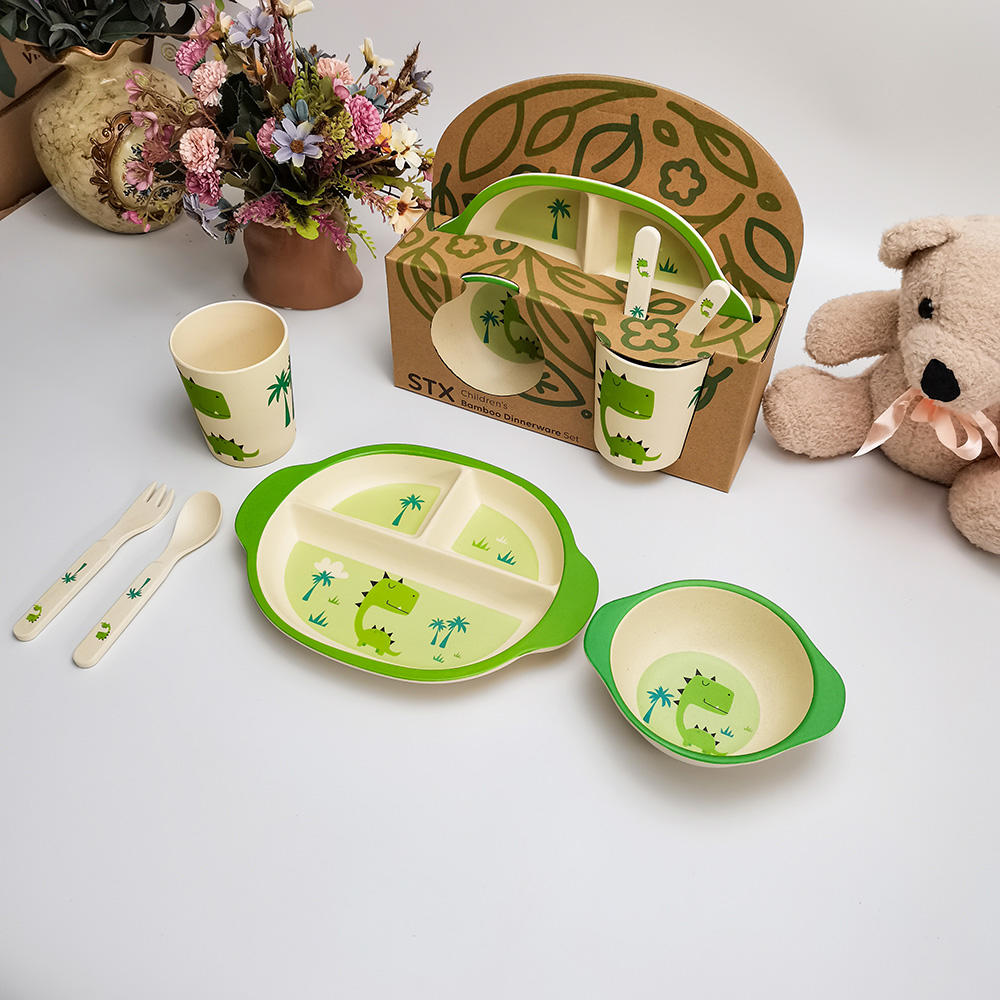 Three boxes two ears plate baby cutlery cartoon bowl anti fall bamboo fiber children's cutlery bowl plate cup spork five sets