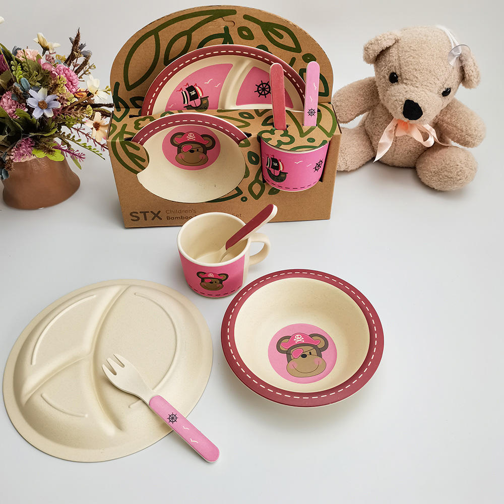 Classic small three-block circular cutlery set of five bamboo fiber children's cutlery divider plate baby bowl cup spork set