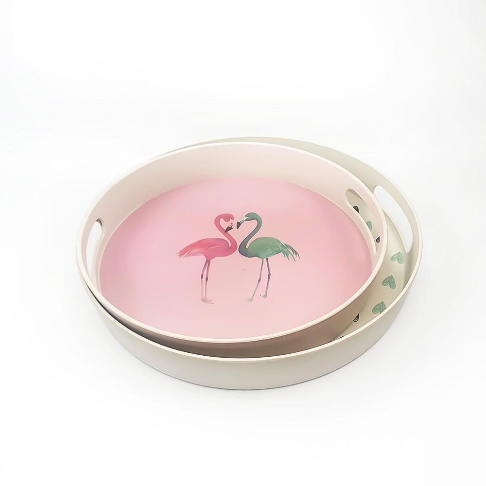 Round Flamingo Bamboo Fiber Healthy Food Serving Tray for Home